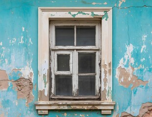 Old Vintage Window on Weathered Peeling Turquoise Wall