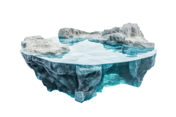 Floating iceberg island with water and mountains isolated on transparent background. Crystal clear lagoon at noon isolated on white background.