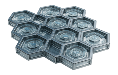 Layered hexagonal grids with semi-transparent surfaces and rotating inner sections.