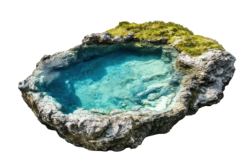 Turquoise geothermal pool on rocky outcrop isolated on transparent background. Crystal clear lagoon at noon isolated on white background.