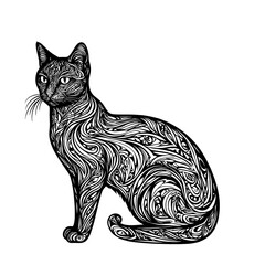 Elegant cat with a flexible tail, black and white pattern. Vector illustration. Silhouette of a sitting cat is decorated with patterns, isolated on a white background. A feeling of calm contemplation