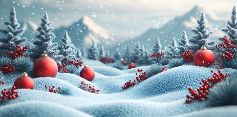 Red baubles snow covered festive landscape Christmas winter