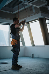 An electrifying scene featuring a technician repairing and installing wires amidst abundant natural...