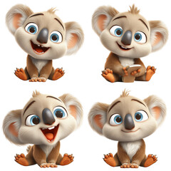 Fototapeta premium Adorable Set of 3d Koala Cartoon Characters in Various Expressive Poses. Transparent PNG Background