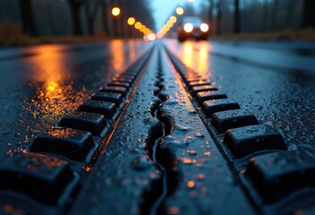 detailed tire tracks glossy wet asphalt surface reflection rain atmospheric mood grunge texture, vehicle, road, highway, pavement, puddle, scene, urban