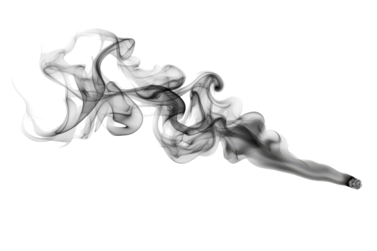 Abstract wispy smoke plume flowing and swirling isolated on transparent background.