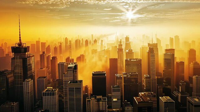 Golden Horizon: Skyscrapers pierce the horizon in an urban vista, bathed in the warm light of a setting sun, casting a mesmerizing glow over the cityscape. 