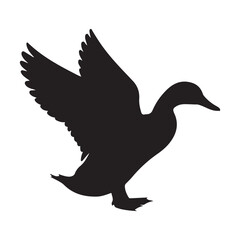 Black silhouette of a duck with wings spread in flight white bird