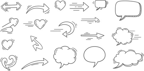 Fototapeta premium Doodle arrows hearts and speech bubbles vector set hand drawn elements for design sketch style icons 100char