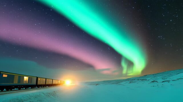 Night Train to Aurora: A train journeys under the breathtaking Northern Lights display, a spectacle of vibrant colors dancing across the night sky, reflecting on the snowy landscape