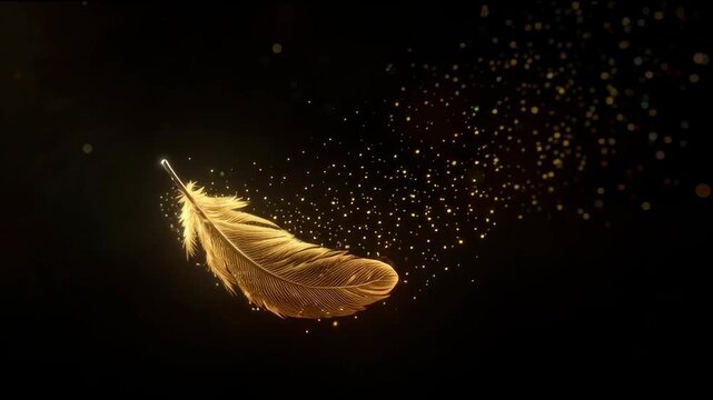 A single small glowing golden feather gently floating near the top of the frame, against a pure black background. The feather sparkles with soft golden light, surrounded by subtle shimmering particles