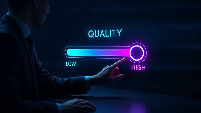 Businessman adjusts a neon quality slider from low to high in dark office, glowing interface shows focus on digital quality assurance and certification compliance