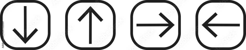 Poster arrow icons set in minimal square style showing directions up, down, left, and right with outline, s