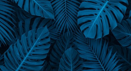 Tropical Leaves with Blue Tones Against Starry Sky Background