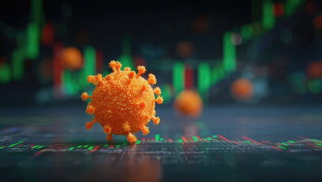 Orange virus on a dark digital display with stock market data