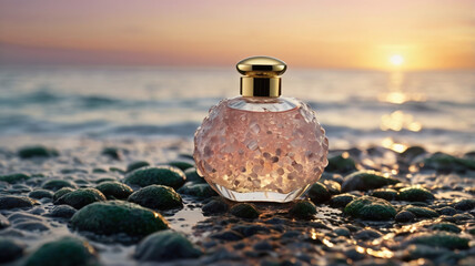 Perfume bottle on rocky beach sunset