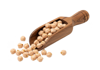 Rustic wooden scoop overflowing with dried chickpeas on garbanzo bean