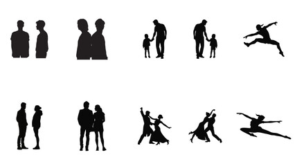 collection of people silhouette in various poses and activities on white background

