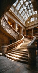 Grand, sweeping marble staircase in a light-filled building