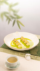 Spring Chinese food menu in luxury hotel, new style with blank space and bamboo leaves background