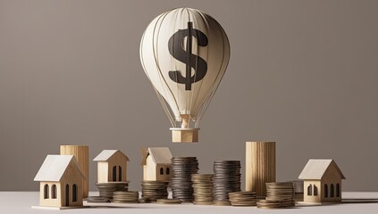 A hot air balloon with a dollar sign floats above miniature houses and stacks of coins