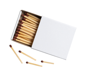 Open Matchbox with Scattered Matches Around It, Angled Top View, Transparent PNG