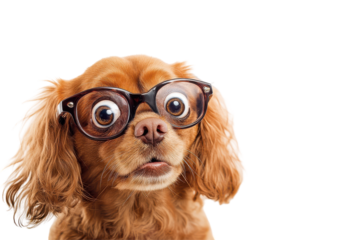 Funny brown dog wearing large glasses looking surprised isolated on transparent background. Dog looking surprised isolated on white background.