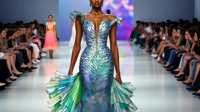 Runway Elegance: Captivating the essence of haute couture, this image showcases a stunning gown walking the runway, embodying sophistication and the artistry of fashion design.