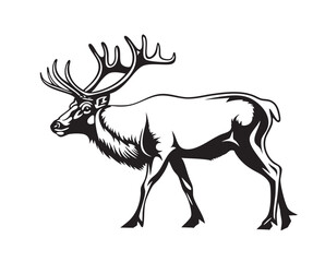 Obraz premium Deer vector silhouette. Forest animal black icon, standing in profile. Male reindeer symbol.