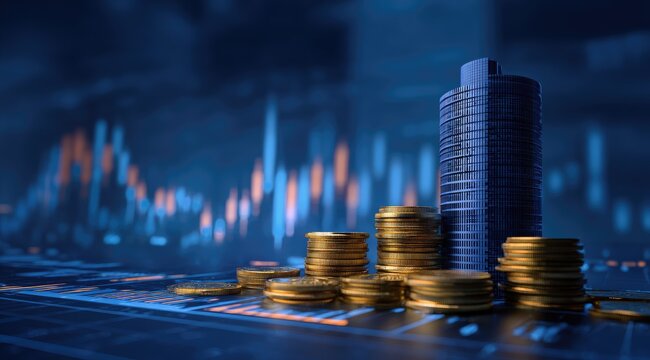 Stacks of gold coins and a dark cylinder against a backdrop of financial charts