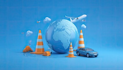 3D globe surrounded by travel and roadwork elements on a vibrant blue background