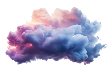 Colorful wispy smoke cloud with pink and blue hues isolated on transparent background. Dramatic thunderstorm cloud with vivid lightning isolated on white background.