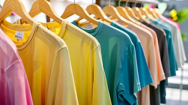 Colorful Tees on Display: A vibrant collection of T-shirts, elegantly arranged on wooden hangers, offers a spectrum of colors that are visually appealing, inviting the gaze.