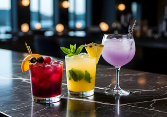 A trio of colorful cocktails red sangria, yellow pineapple mojito, and purple lavender gin fizz placed on a dark grey marble bar top inside a dimly lit, modern lounge with soft, ambient lighting at du