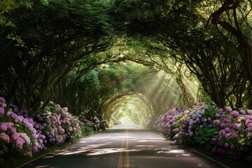 Sunlight-drenched road through a lush tunnel of trees, lined with vibrant flowers