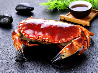Dark red hairy crab on tabletop with water drops, tea set and leaves as background