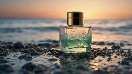 Perfume bottle on seaside rocks sunset