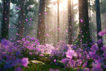 A vibrant, sunlit forest floor filled with purple blossoms and falling petals