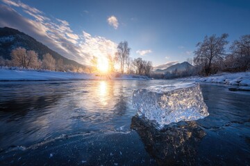Winter sunrise over frozen river with ice cube