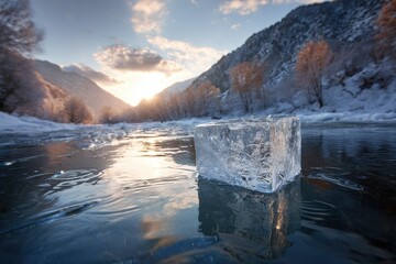 Frozen river block, winter sun, reflection