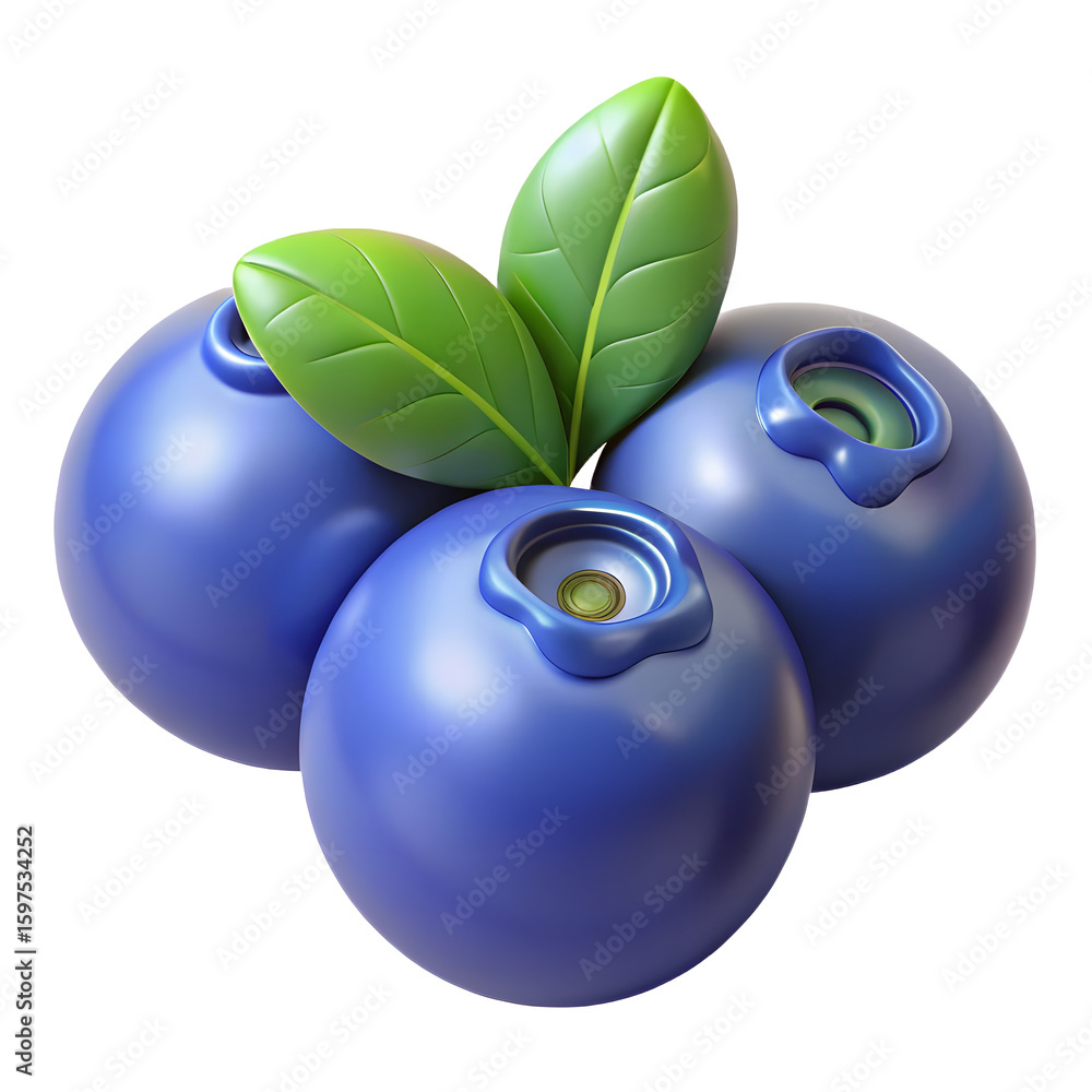 Poster 3d render of three blueberries with two leaves on a transparent background for design