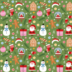 Christmas seamless pattern with santa, snowman, gifts and fir trees on green background. Festive winter design.