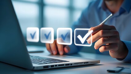 Businessperson completing digital checklist on laptop. Concept of productivity and task management. Useful for project planning, organizational strategy, and corporate efficiency visuals.