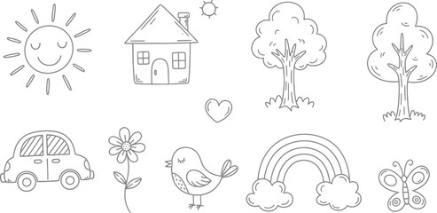 Cute coloring page with house sun tree car flower bird rainbow and butterfly for kids and children activity