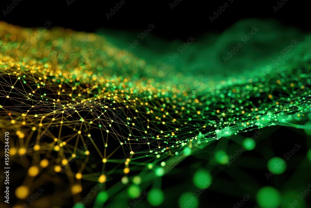 Poster abstract network connections green, yellow. backdrop depth of field. tech use case