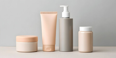 Neutral toned cosmetic containers on beige background