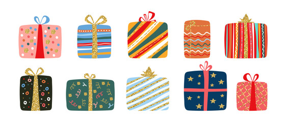 Set of bright shiny creative gift boxes with ribbon and bow. Present for birthday, Christmas, New Year, holiday or celebration.
