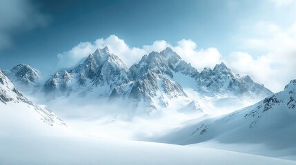 Snowy mountains with jagged peaks, winter wilderness, icy terrain, dramatic landscapes, alpine scenery, cold atmospheric tones, and majestic natural formations in crisp clarity.