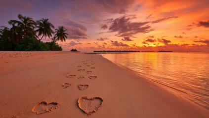 Heart-shaped footprints on a tropical beach at sunset