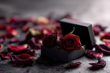 Dark red roses in a black box surrounded by petals